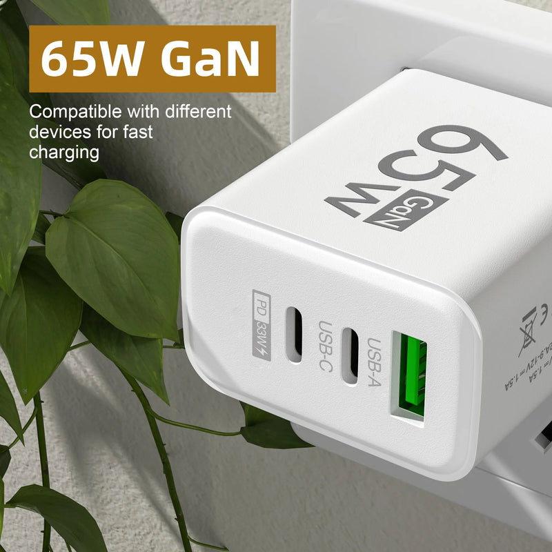 "65W Fast Charging USB-C GaN Wall Charger - Quick Charge PD & QC3.0 for iPhone, Samsung, Xiaomi & More!"