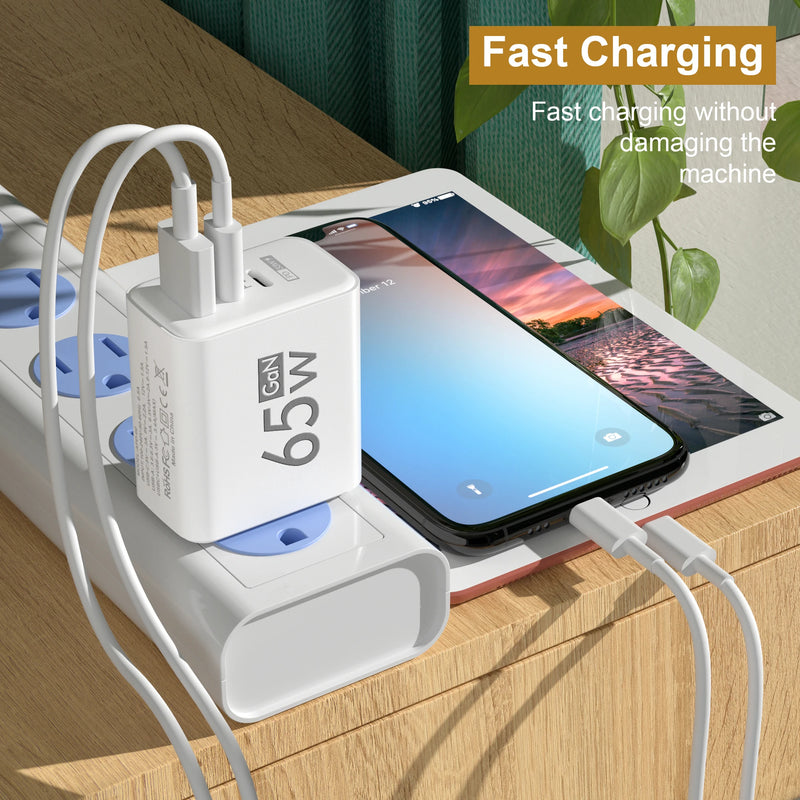 "65W Fast Charging 3-Port GaN USB PD Charger - Quick Charge 3.0 for iPhone 15, Samsung, Xiaomi & Huawei"