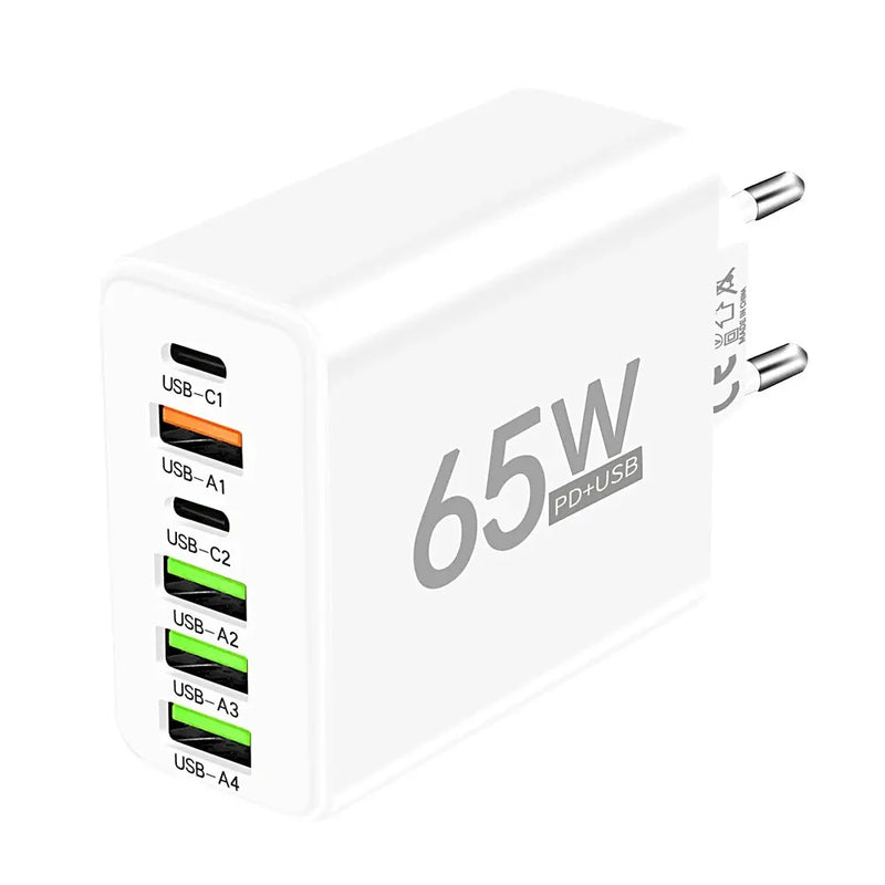 "65W 6-Port USB Type C Quick Charger - Fast Charging Wall Adapter for iPhone, Samsung, Xiaomi & Huawei"