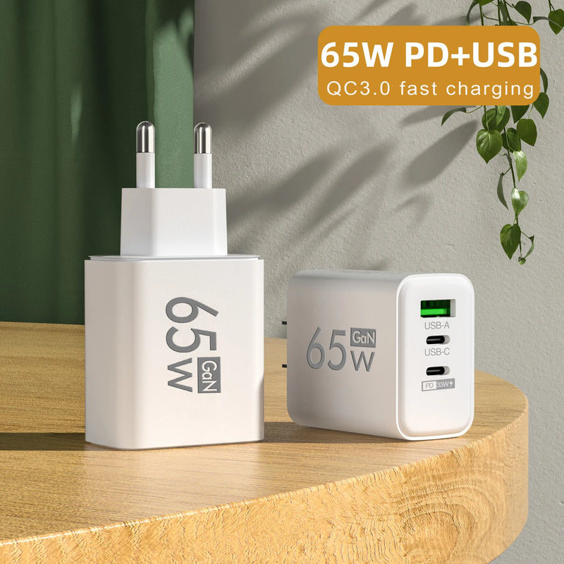 "65W Fast Charging 3-Port GaN USB PD Charger - Quick Charge 3.0 for iPhone 15, Samsung, Xiaomi & Huawei"