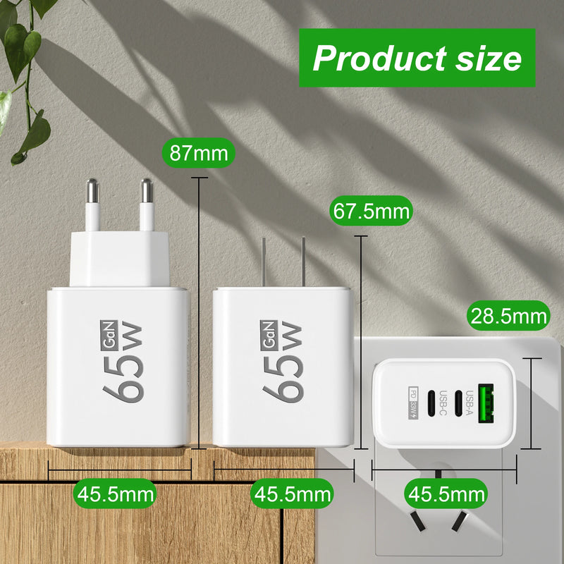 "65W Fast Charging USB-C GaN Wall Charger - Quick Charge PD & QC3.0 for iPhone, Samsung, Xiaomi & More!"