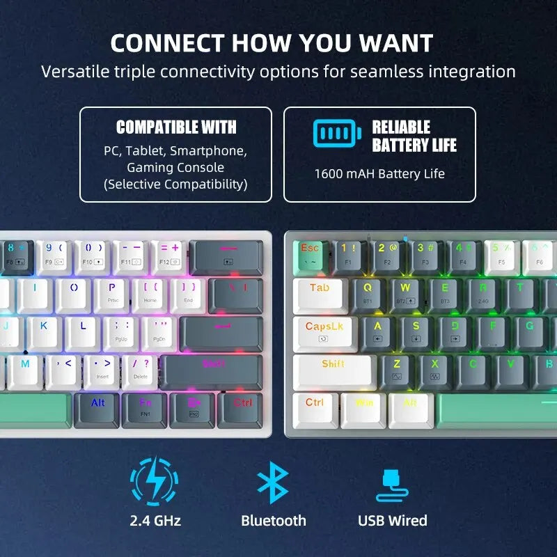 "Elevate Your Gaming Experience with the K500-B61W Wireless Mechanical Keyboard - 60% ANSI Layout, Hot-Swappable, Tri-Mode RGB!"