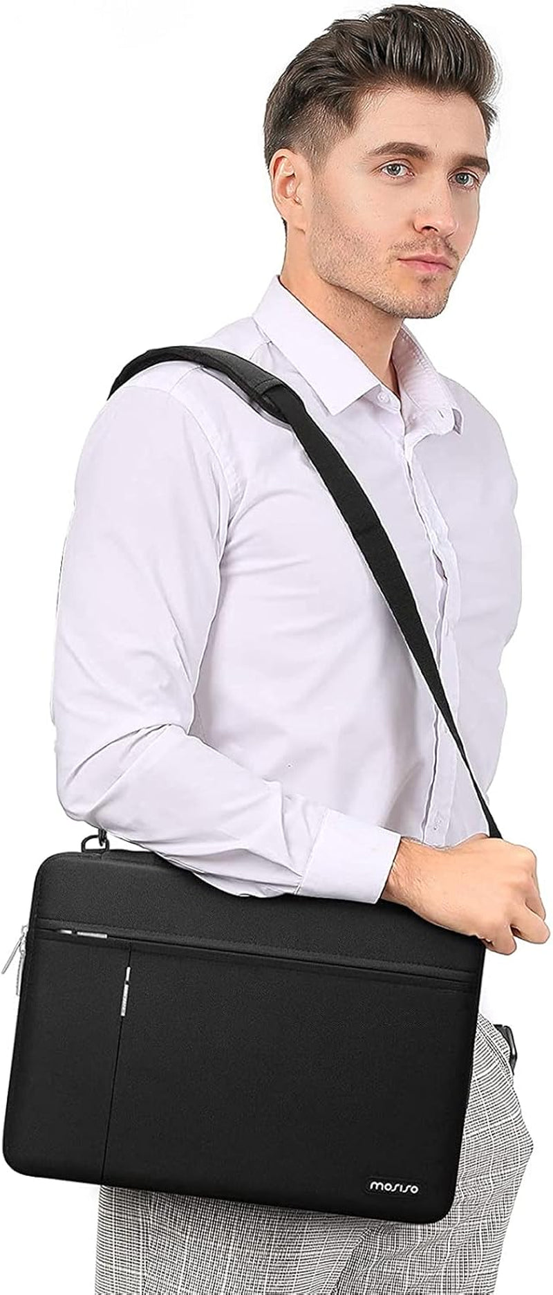 Stylish 360° Protective Laptop Shoulder Bag for MacBook Air/Pro & 13-14 Inch Notebooks - Versatile Side Open Sleeve with Multiple Pockets & Belt - Sleek Black Design