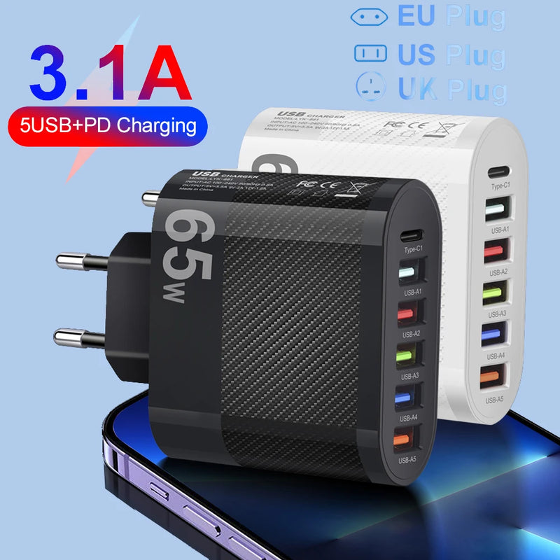 "Fast & Efficient 5-Port USB Charger - 3.1A PD Charging Adapter for iPhone 13, Xiaomi, Samsung & More - QC 3.0 Wall Charger"