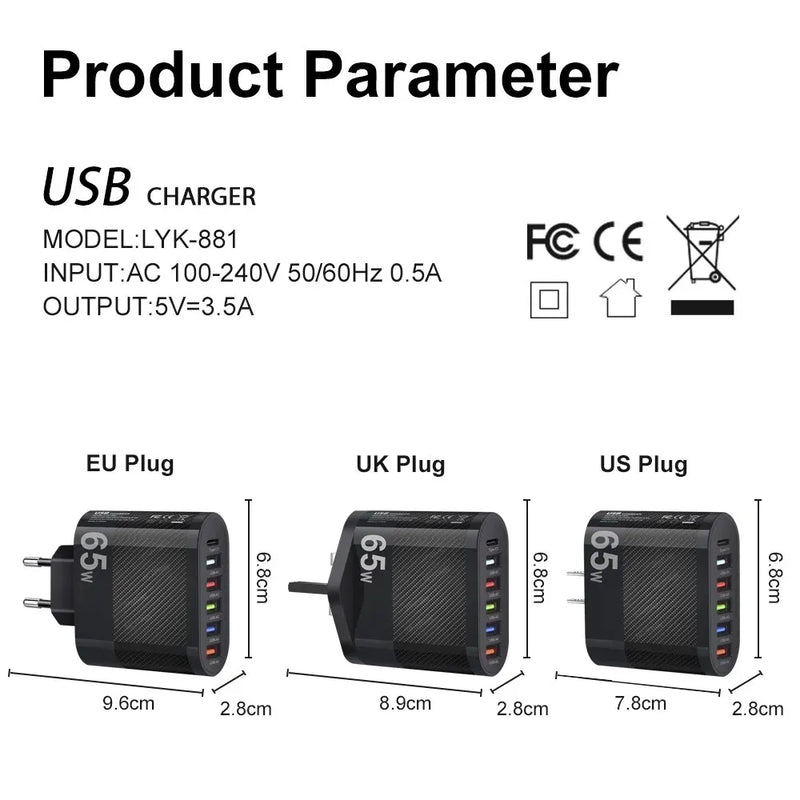 "Fast & Efficient 5-Port USB Charger - 3.1A PD Charging Adapter for iPhone 13, Xiaomi, Samsung & More - QC 3.0 Wall Charger"