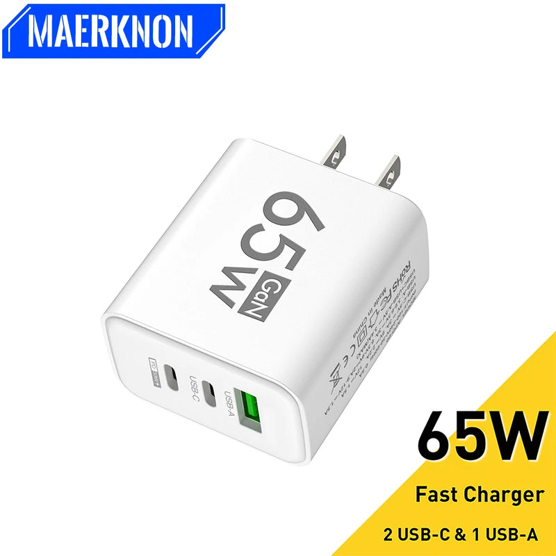 "65W Fast Charging USB-C GaN Wall Charger - Quick Charge PD & QC3.0 for iPhone, Samsung, Xiaomi & More!"