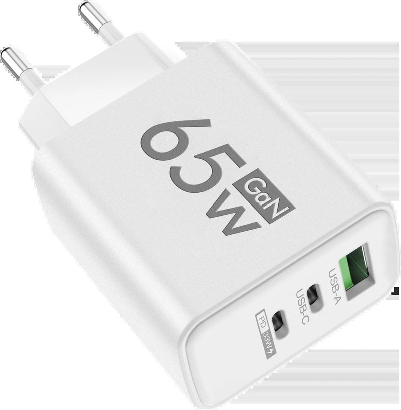 "65W Fast Charging 3-Port GaN USB PD Charger - Quick Charge 3.0 for iPhone 15, Samsung, Xiaomi & Huawei"