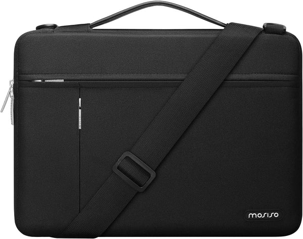 Stylish 360° Protective Laptop Shoulder Bag for MacBook Air/Pro & 13-14 Inch Notebooks - Versatile Side Open Sleeve with Multiple Pockets & Belt - Sleek Black Design