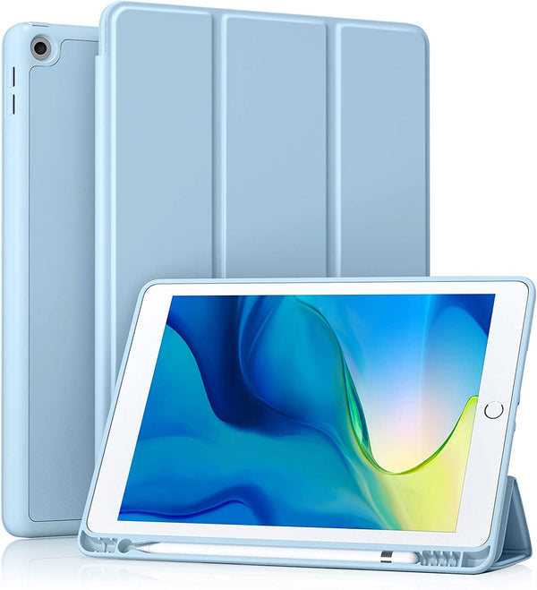 Stylish Sky Blue Case for iPad 10.2" (2021/2020/2019) - Compatible with 9th/8th/7th Gen, Pencil Holder, Soft TPU Back, Auto Sleep/Wake Feature