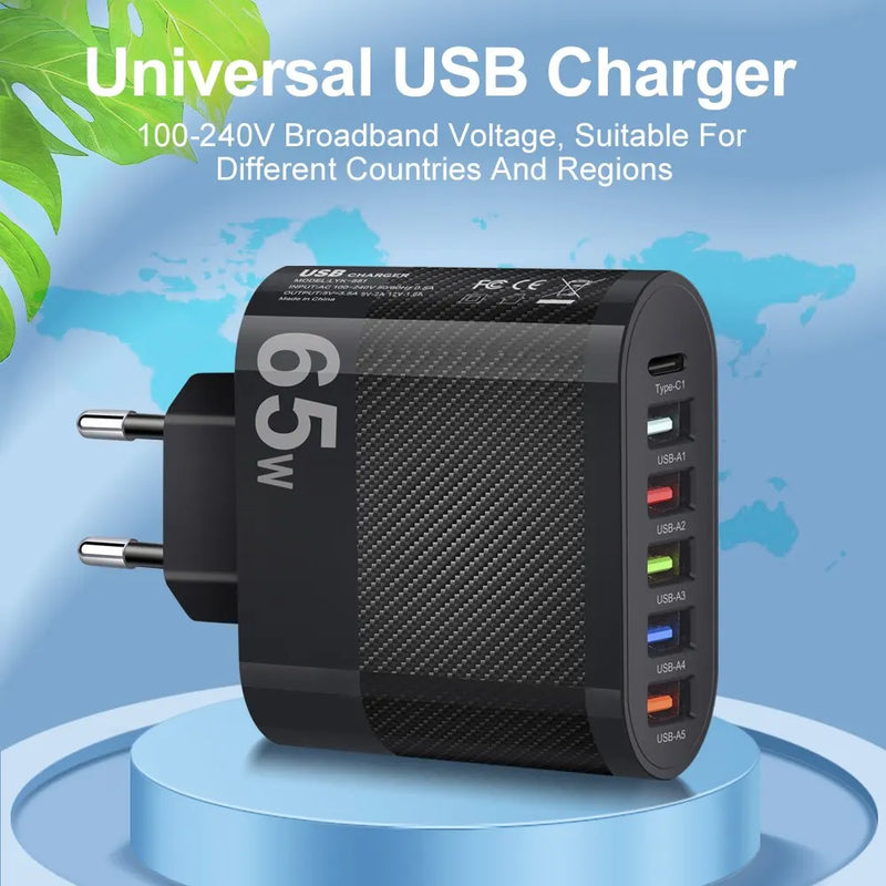 "Fast & Efficient 5-Port USB Charger - 3.1A PD Charging Adapter for iPhone 13, Xiaomi, Samsung & More - QC 3.0 Wall Charger"