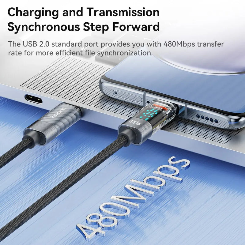 "High-Speed 100W USB-C to USB-C Fast Charging Cable - Transparent Design for Xiaomi & MacBook"